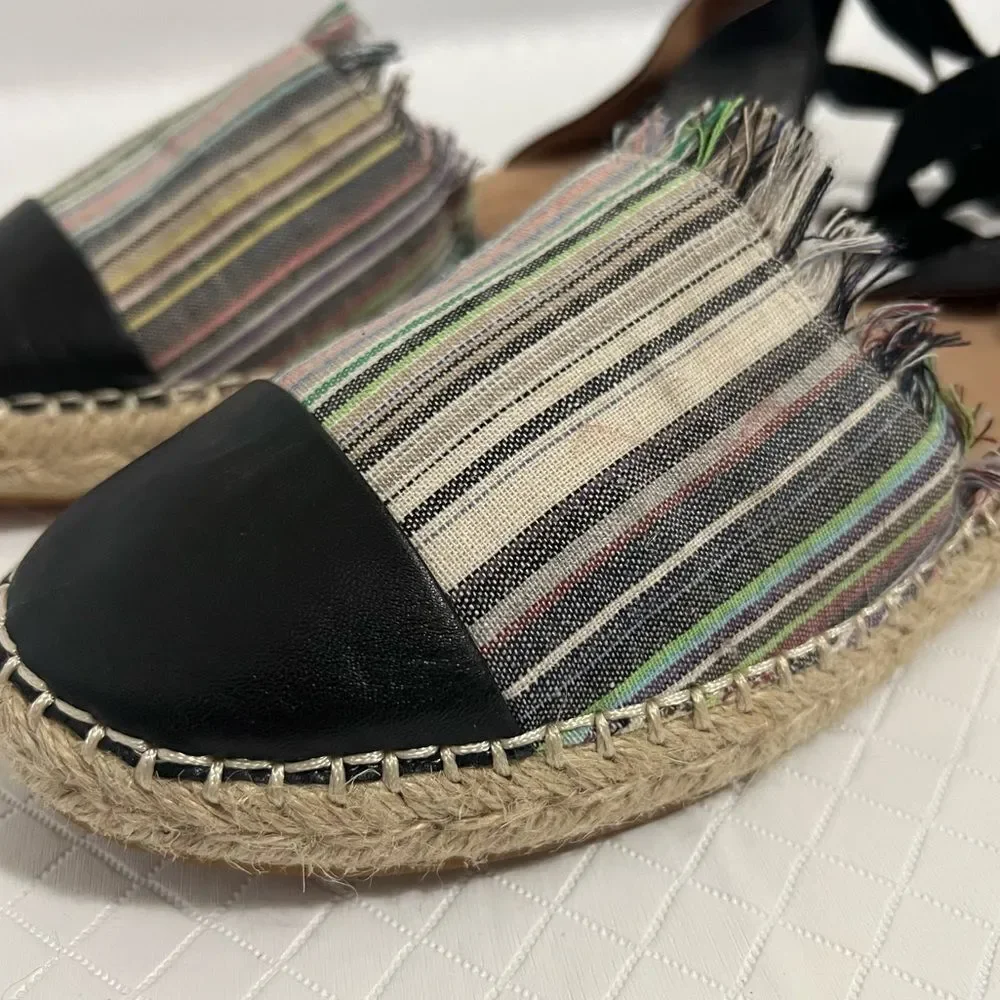 Caslon Lace Up Espadrille Striped Canvas Black Leather Capped Toe Flats Size 7.5